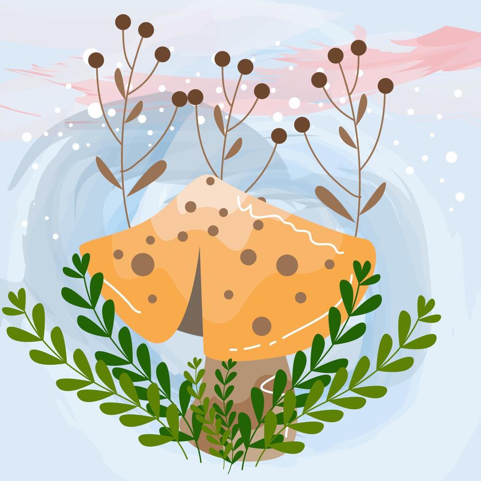 mushroom character on leaf and flower plant background vector