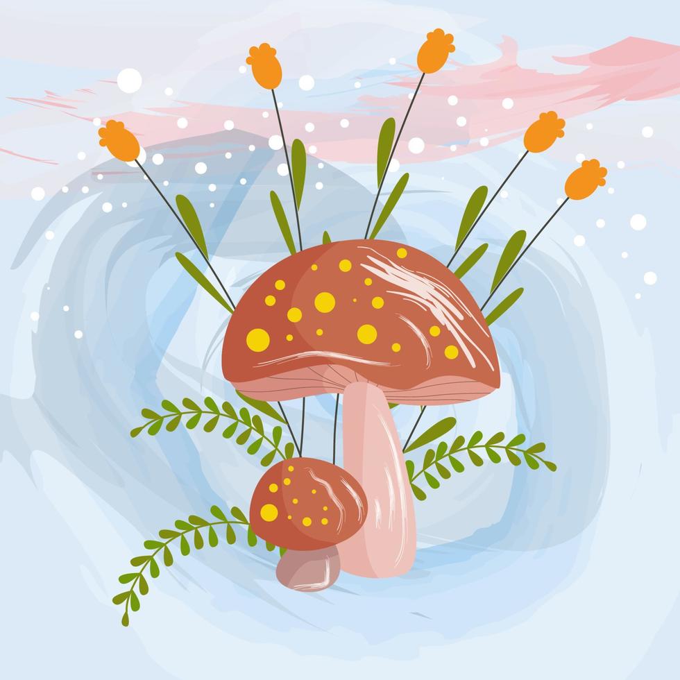 mushroom character on leaf and flower plant background vector