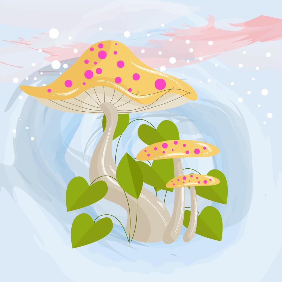 mushroom character on leaf and flower plant background vector
