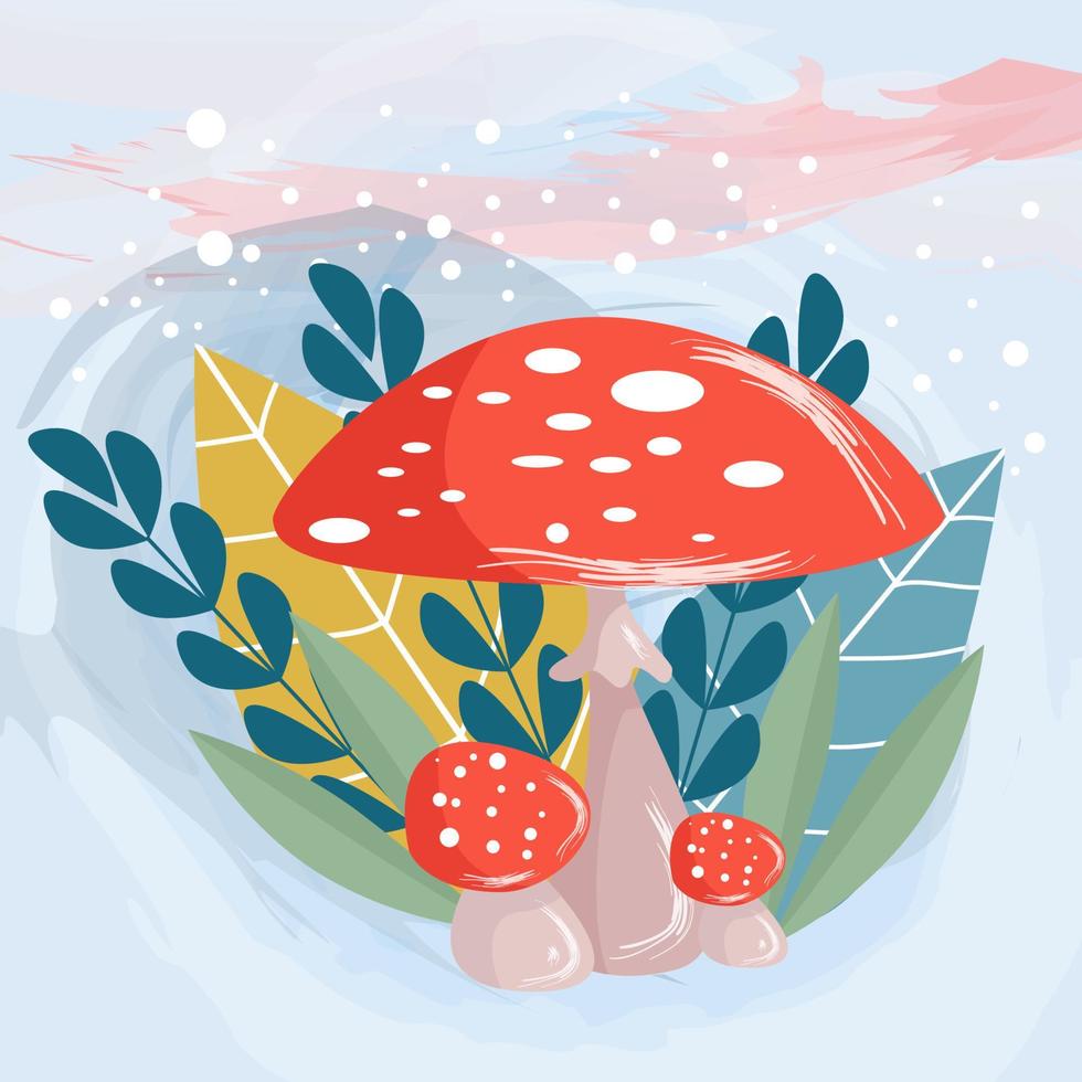 mushroom character on leaf and flower plant background vector