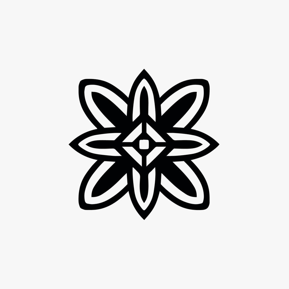 Black Mandala Tribal Flower Symbol Logo on White Background. Stencil Decal Tattoo Design. Flat Vector Illustration.