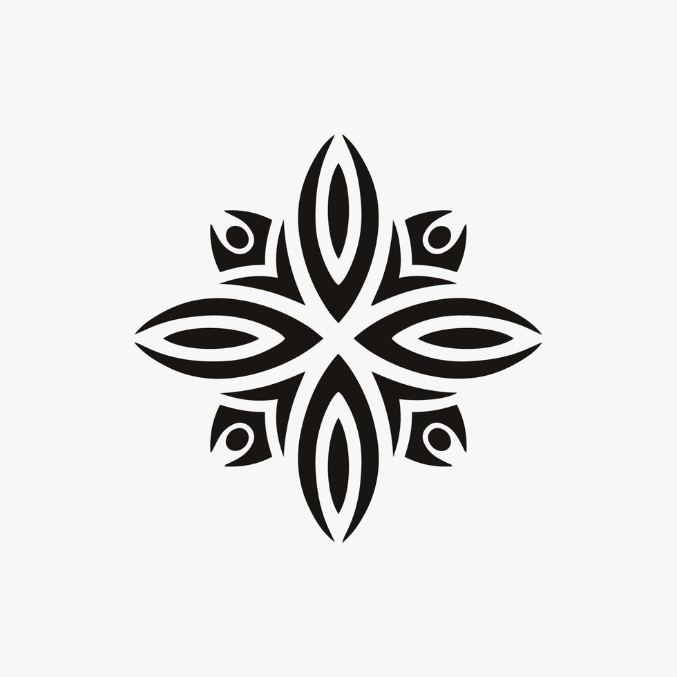 Black Mandala Tribal Flower Symbol Logo on White Background. Stencil Decal Tattoo Design. Flat Vector Illustration.