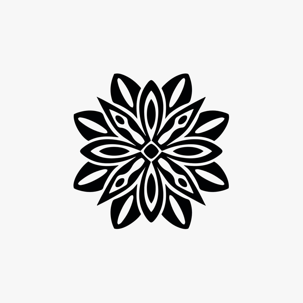 Black Mandala Tribal Flower Symbol Logo on White Background. Stencil Decal Tattoo Design. Flat Vector Illustration.