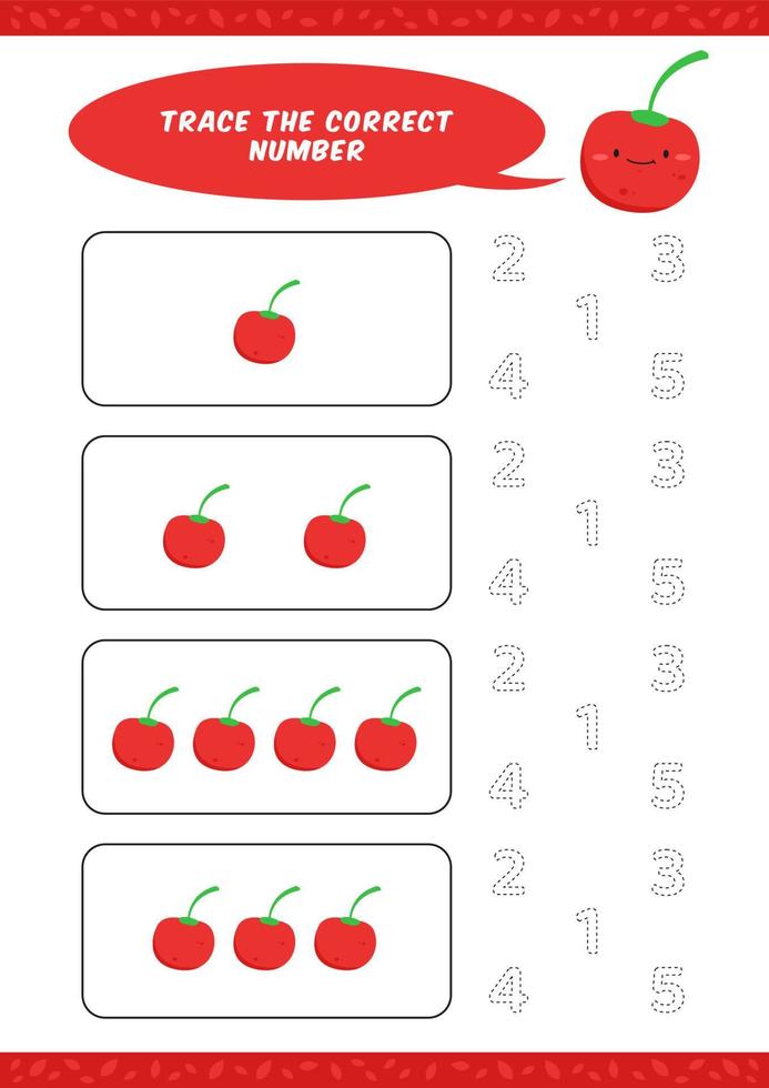 preschool counting learn worksheet tracing writing number activity vector template with cute cherry cartoon illustration for child kids