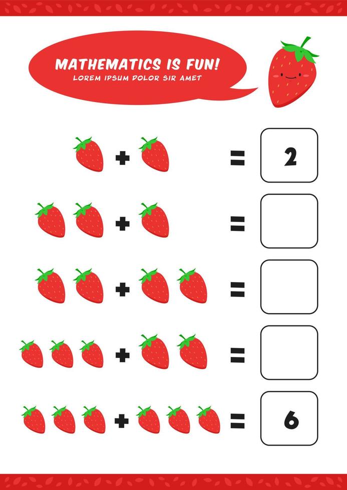 matemáticas de adición preescolar aprender plantilla de actividad de hoja de trabajo con linda ilustración de fresa para niños vector