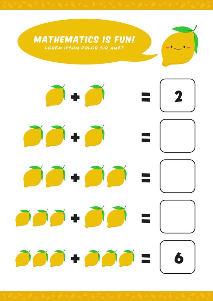 preschool addition mathematics learn worksheet activity template with cute lemon illustration for child kids vector