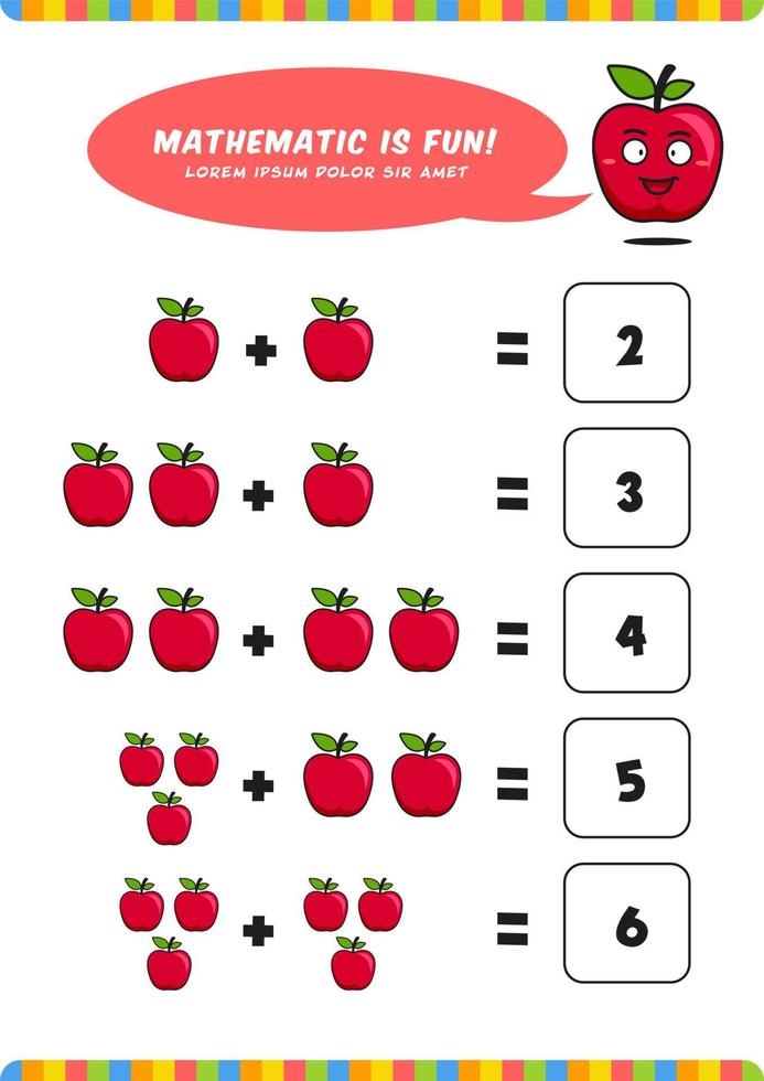 preschool addition mathematics learn worksheet activity template with cute apple cartoon illustration for child kids vector