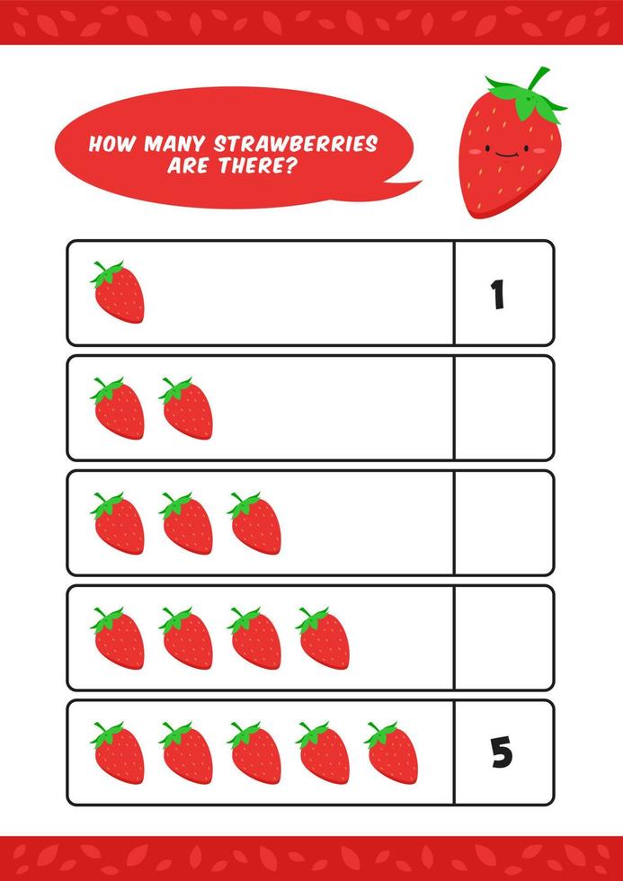 niño niños jardín de infantes contando aprender plantilla de vector de hoja de trabajo con linda ilustración de fruta de fresa buena para la educación en el hogar