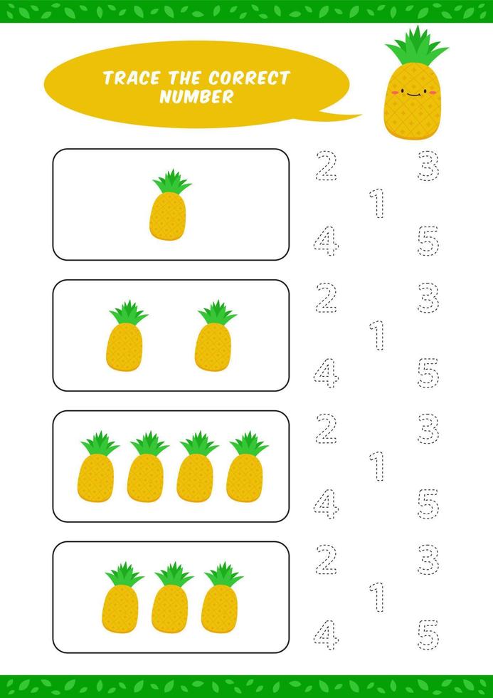 preschool counting learn worksheet tracing writing number activity vector template with cute pineapple cartoon illustration for child kids