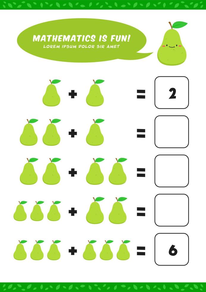 preschool addition mathematics learn worksheet activity template with cute avocado pear illustration for child kids vector