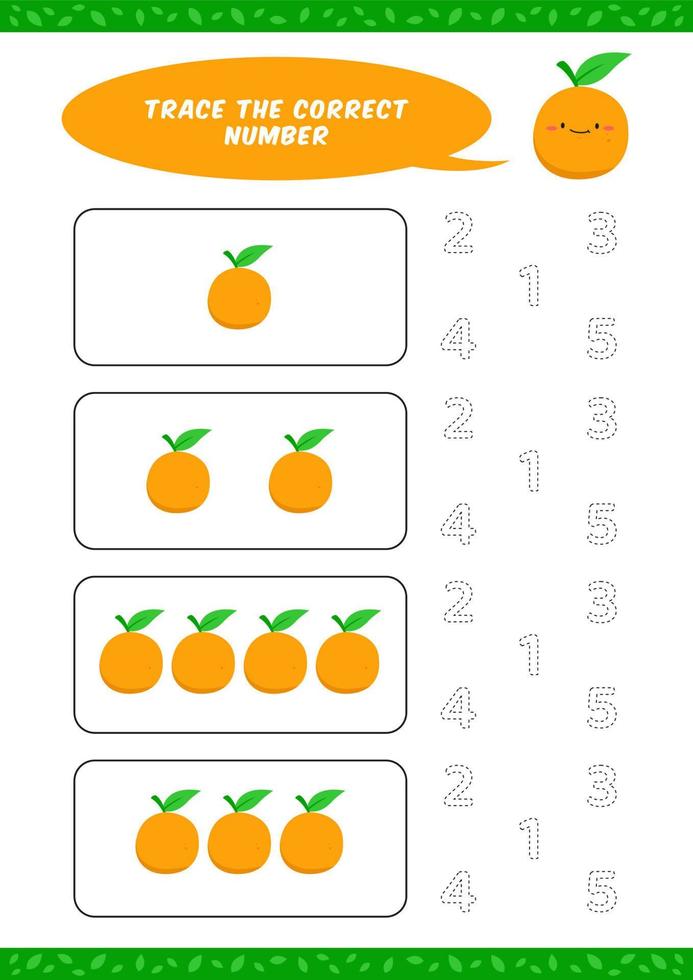 preschool counting learn worksheet tracing writing number activity vector template with cute orange cartoon illustration for child kids