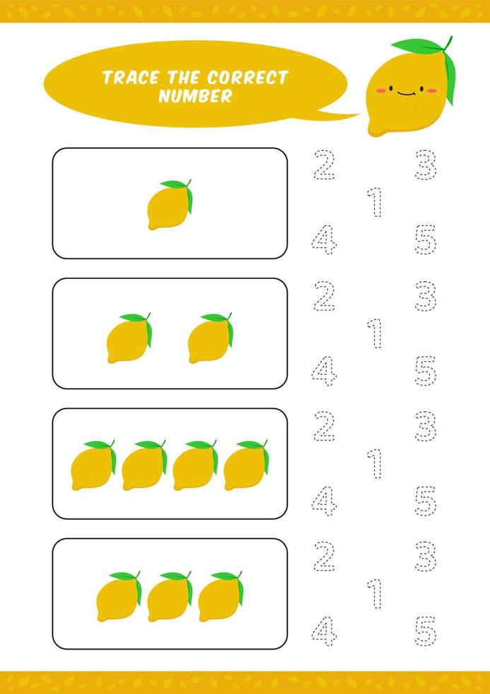 preschool counting learn worksheet tracing writing number activity vector template with cute lemon cartoon illustration for child kids