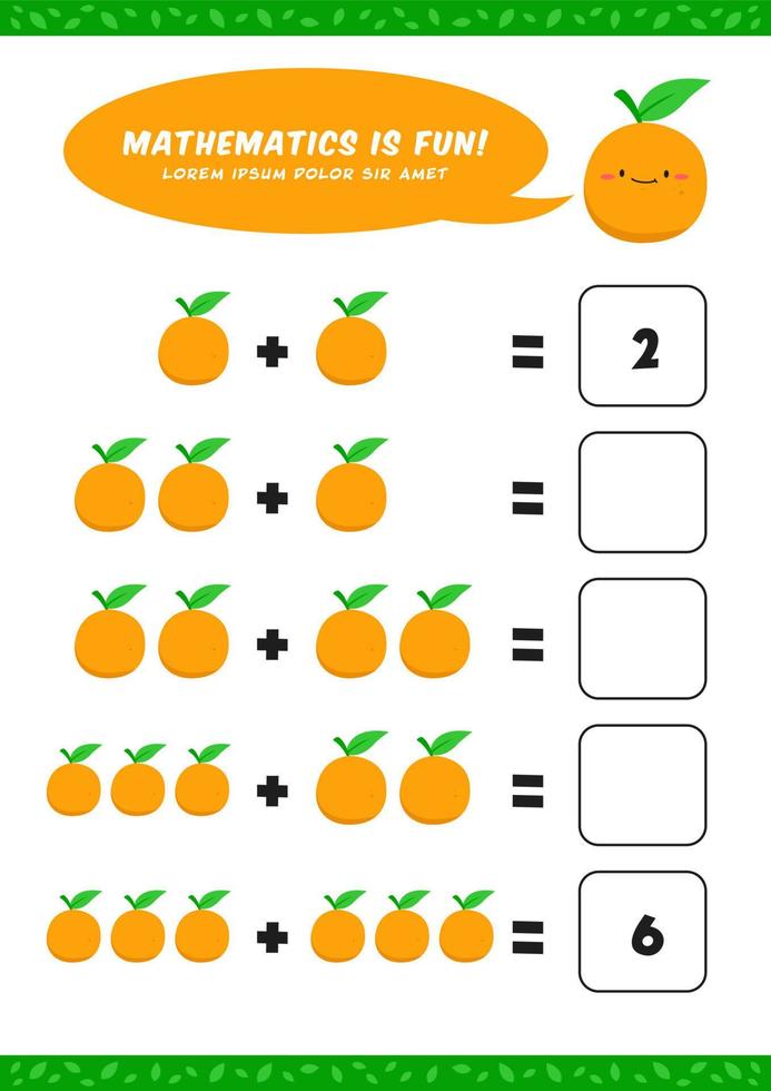 matemáticas de adición preescolar aprender plantilla de actividad de hoja de trabajo con linda ilustración naranja para niños vector