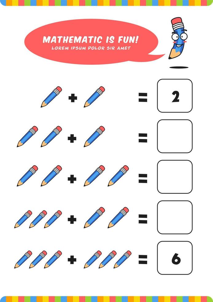 matemáticas de adición preescolar aprender plantilla de actividad de hoja de trabajo con linda ilustración de lápiz para niños vector