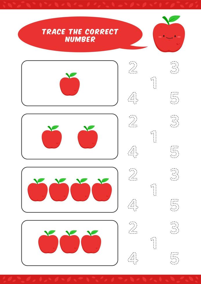 preschool counting learn worksheet tracing writing number activity vector template with cute apple illustration for child kids