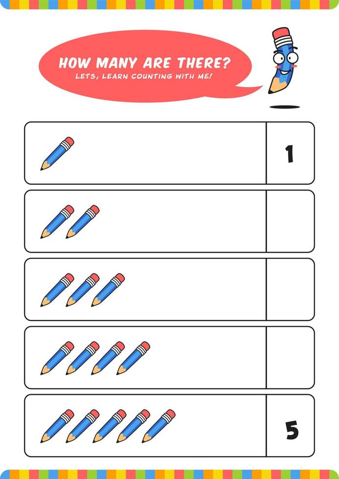 Child kids preschool counting learn worksheet activity vector template with cute pencil illustration