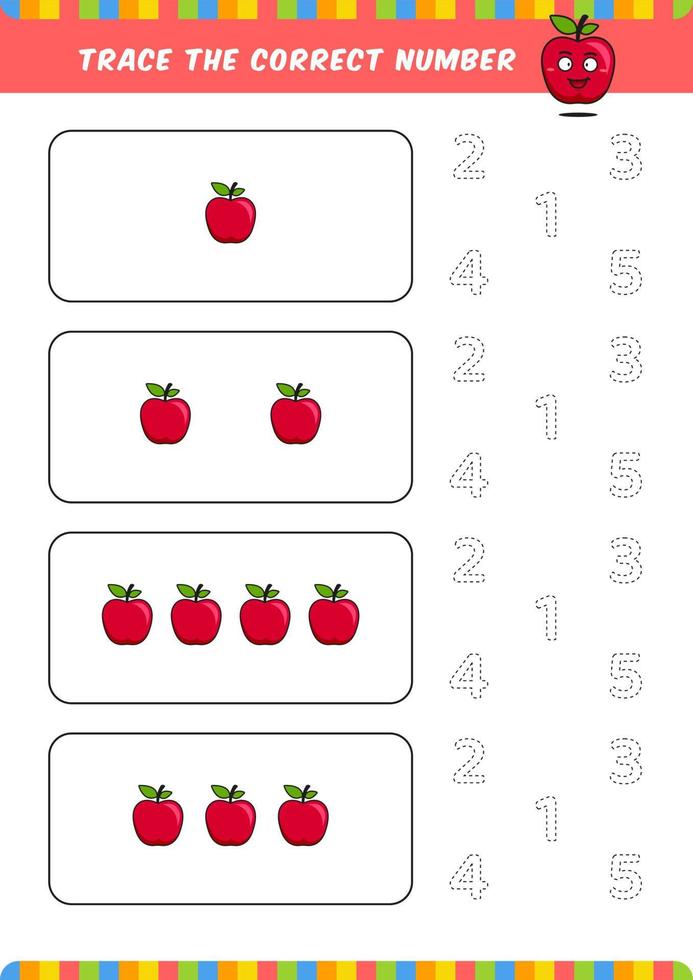 preschool counting learn worksheet tracing writing number activity vector template with cute apple cartoon illustration for child kids