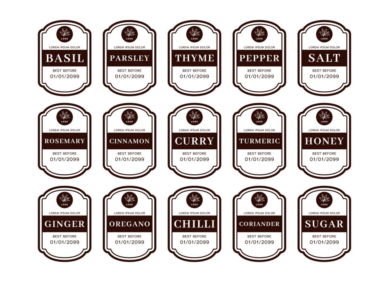 Kitchen seasoning pantry label organizer in brown white classic style vector set collection