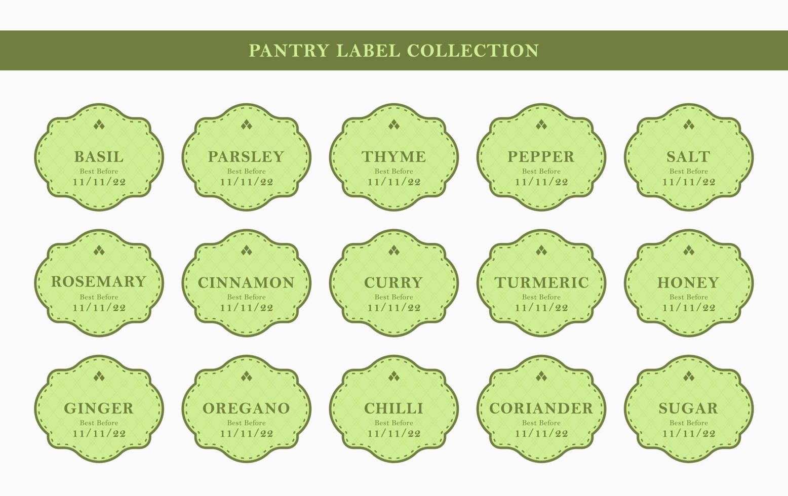 Pantry kitchen seasoning label sticker kit set collection in elegant green frame classic style vector