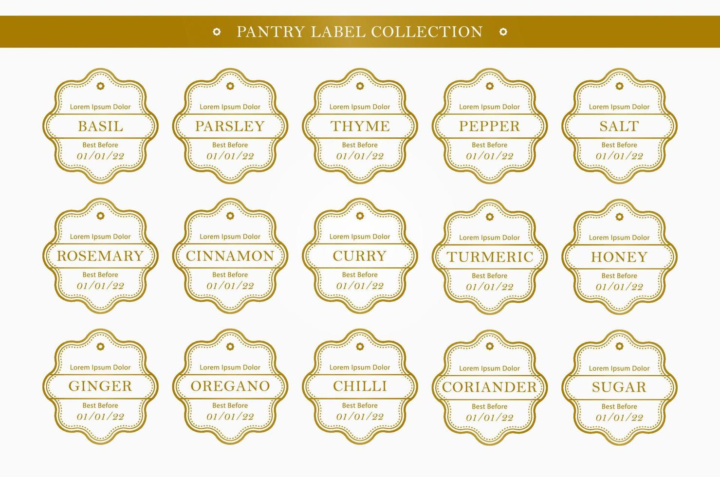 organizador de etiquetas de despensa de condimentos de cocina en colección de conjuntos de vectores de color dorado