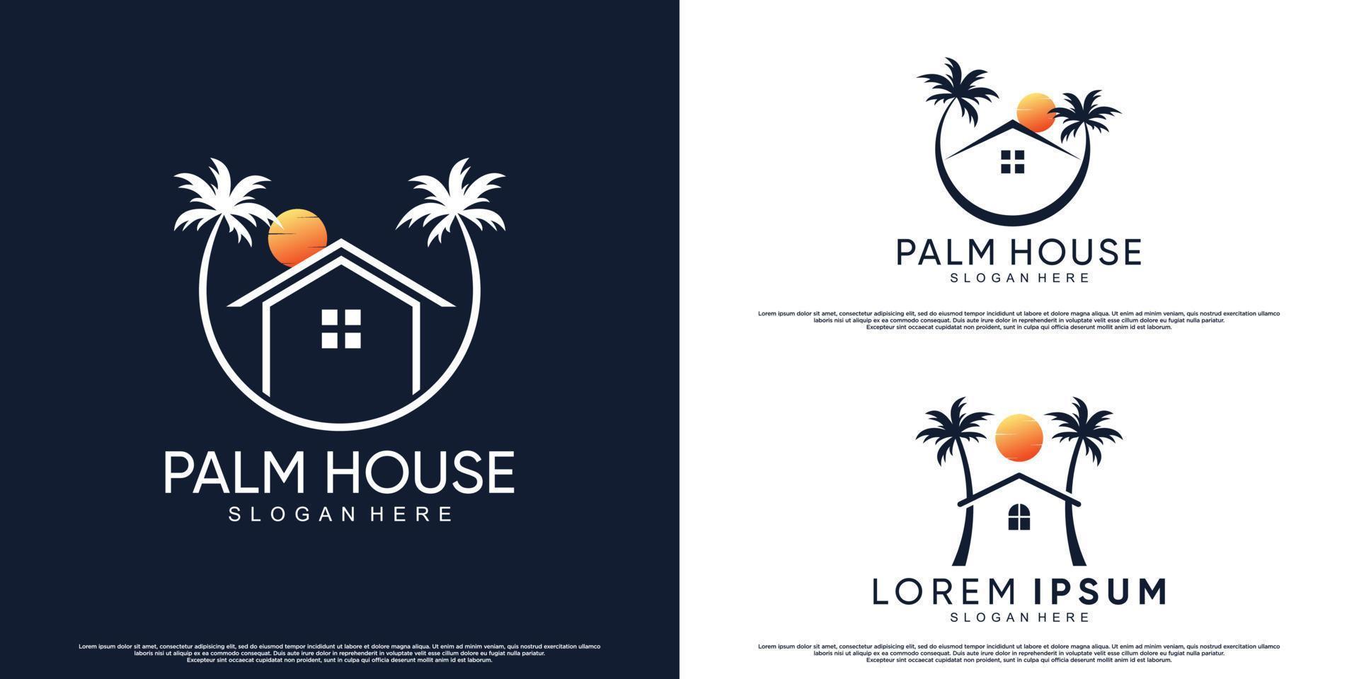 bundle plam and house icon logo design with coconut tree and modern concept Premium Vector