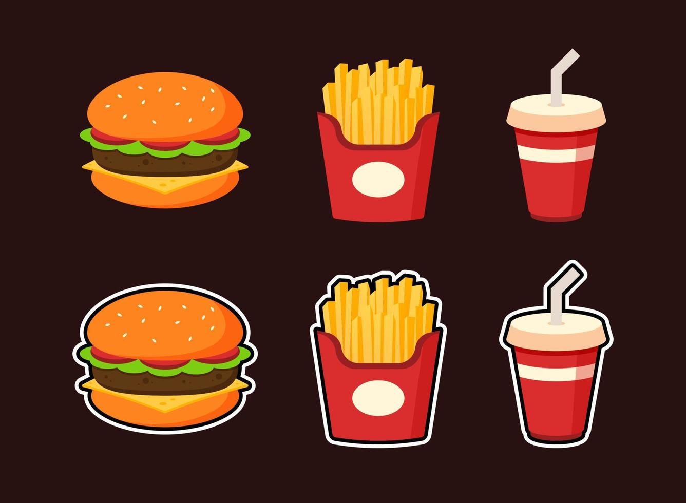 colección de comidas rápidas. conjunto de comida chatarra. papas fritas, hamburguesas y refrescos. conjunto de menús poco saludables. icono de comida de dibujos animados lindo. concepto de estilo de pegatina. ilustración de diseño gráfico de vector plano.