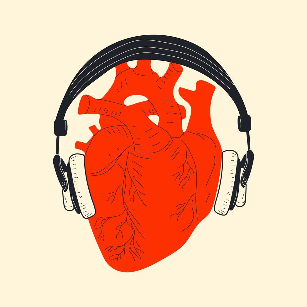 Music design. Listening to music. Headphones with human heart vector illustration