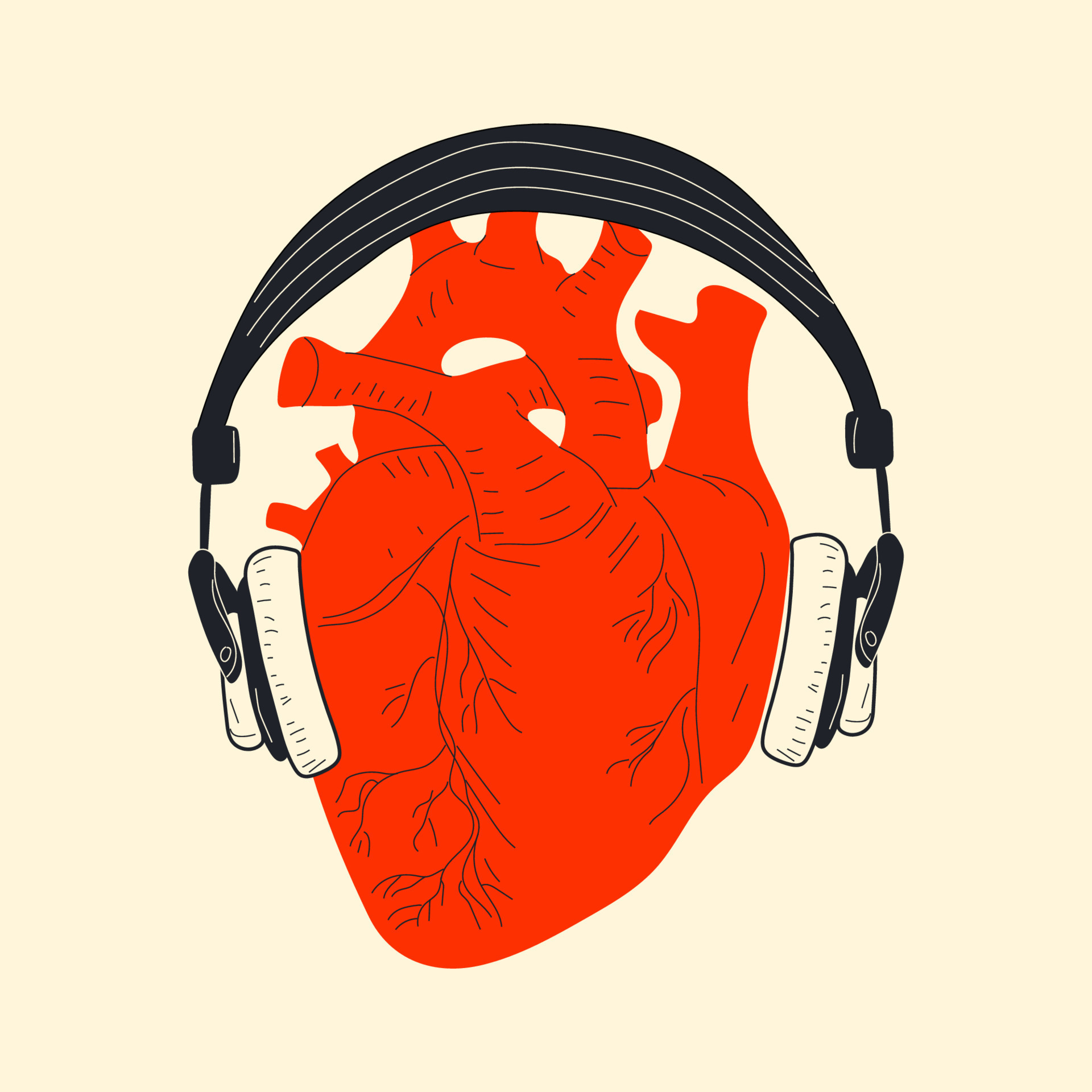 Music design. Listening to music. Headphones with human heart vector