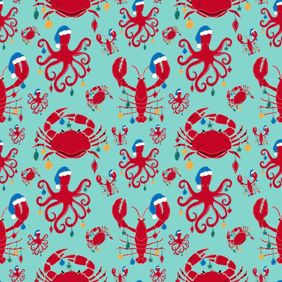Seamless pattern of Crab, lobster, octopus cartoon character. Cute with Christmas decorations standing for Merry Christmas and Happy New Year vector