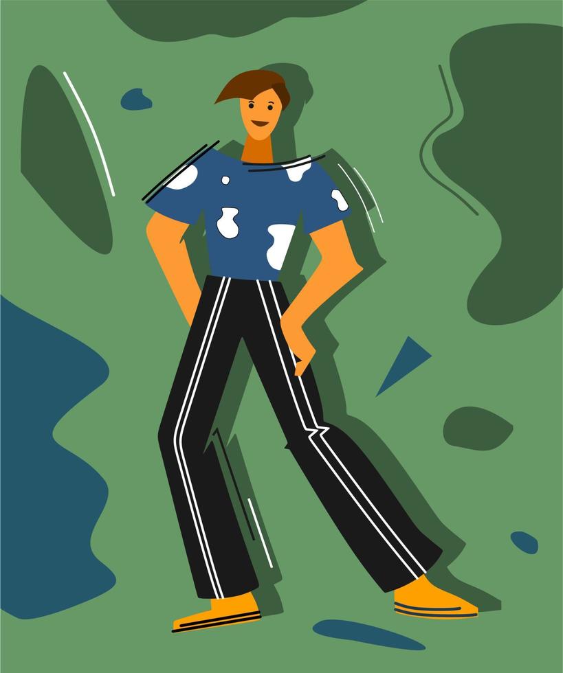 el tipo está parado sobre un fondo verde abstracto. el hombre está de moda, estilo plano. hombre de cuerpo entero con pantalones y camiseta, estilo de dibujo moderno vector