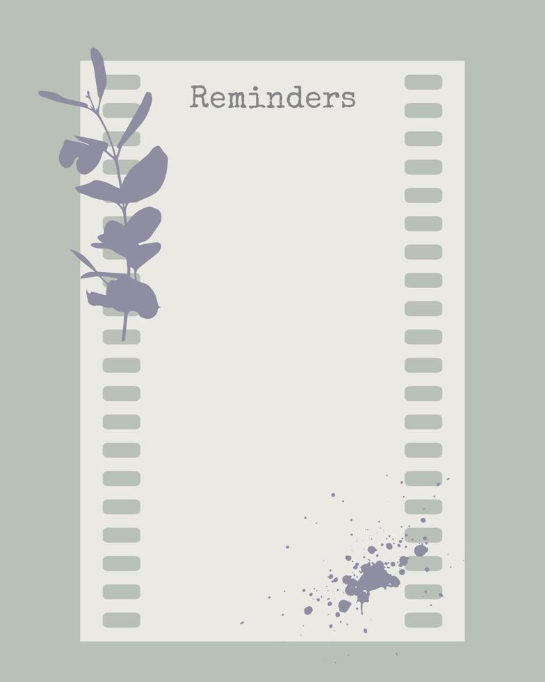 Reminder template vintage collage blank with plants and watercolor spot, blank for notes to do list, planner, ideas. vector