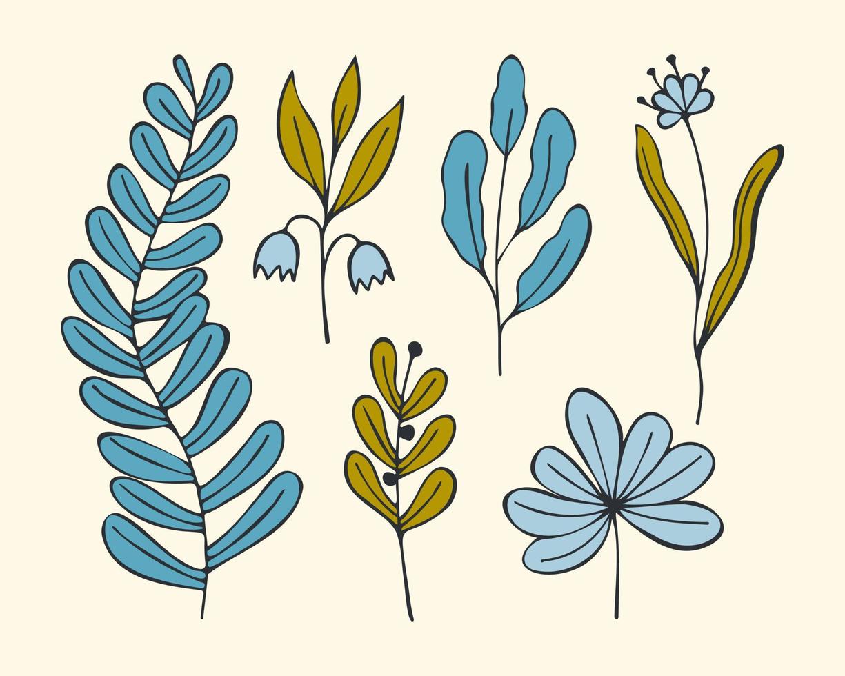 Set doodle coloring flower twigs hand drawn, contour, isolated. Vector illustration