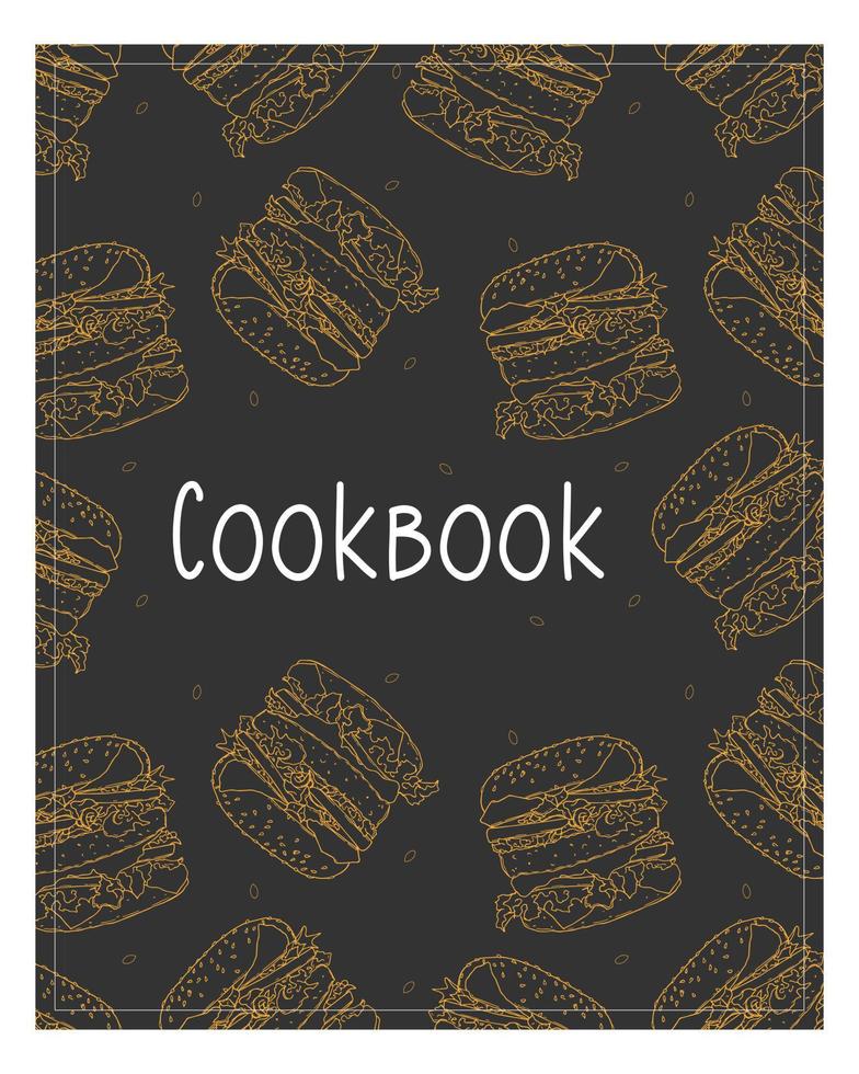 fondo de libro de cocina con hamburguesa naranja dibujada a mano. vector