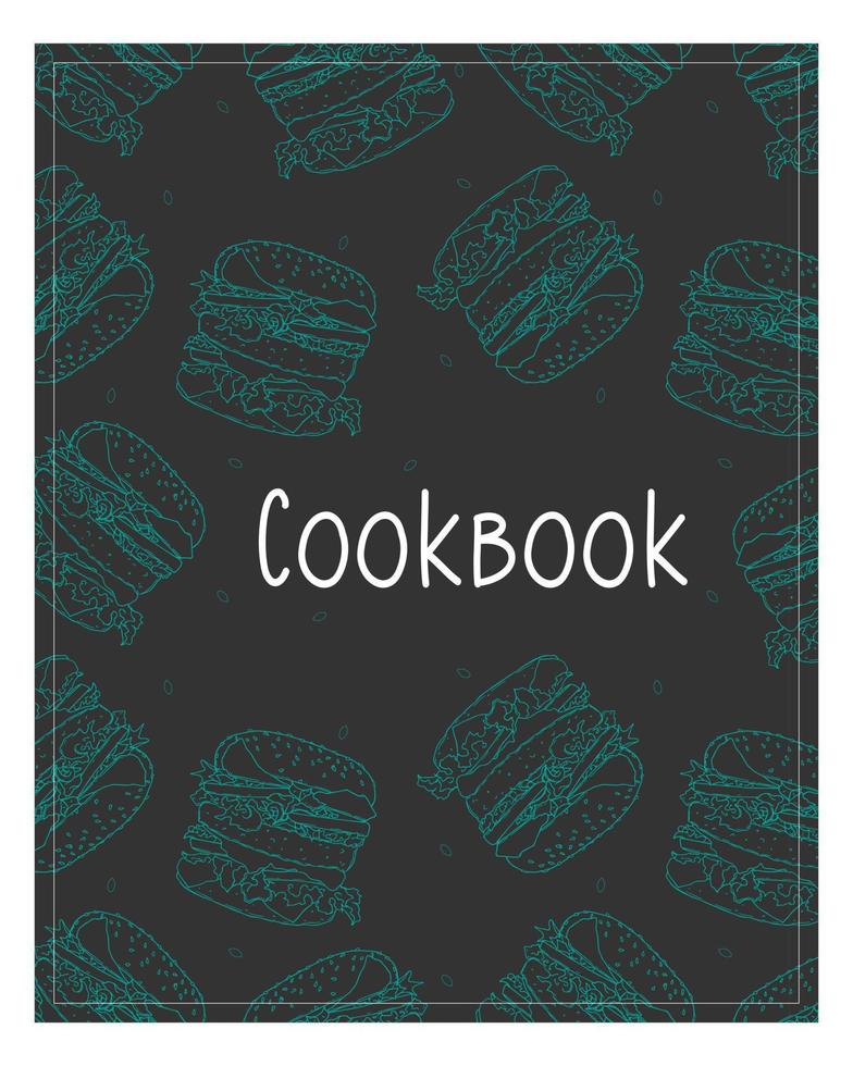 fondo de libro de cocina con hamburguesa azul dibujada a mano. vector