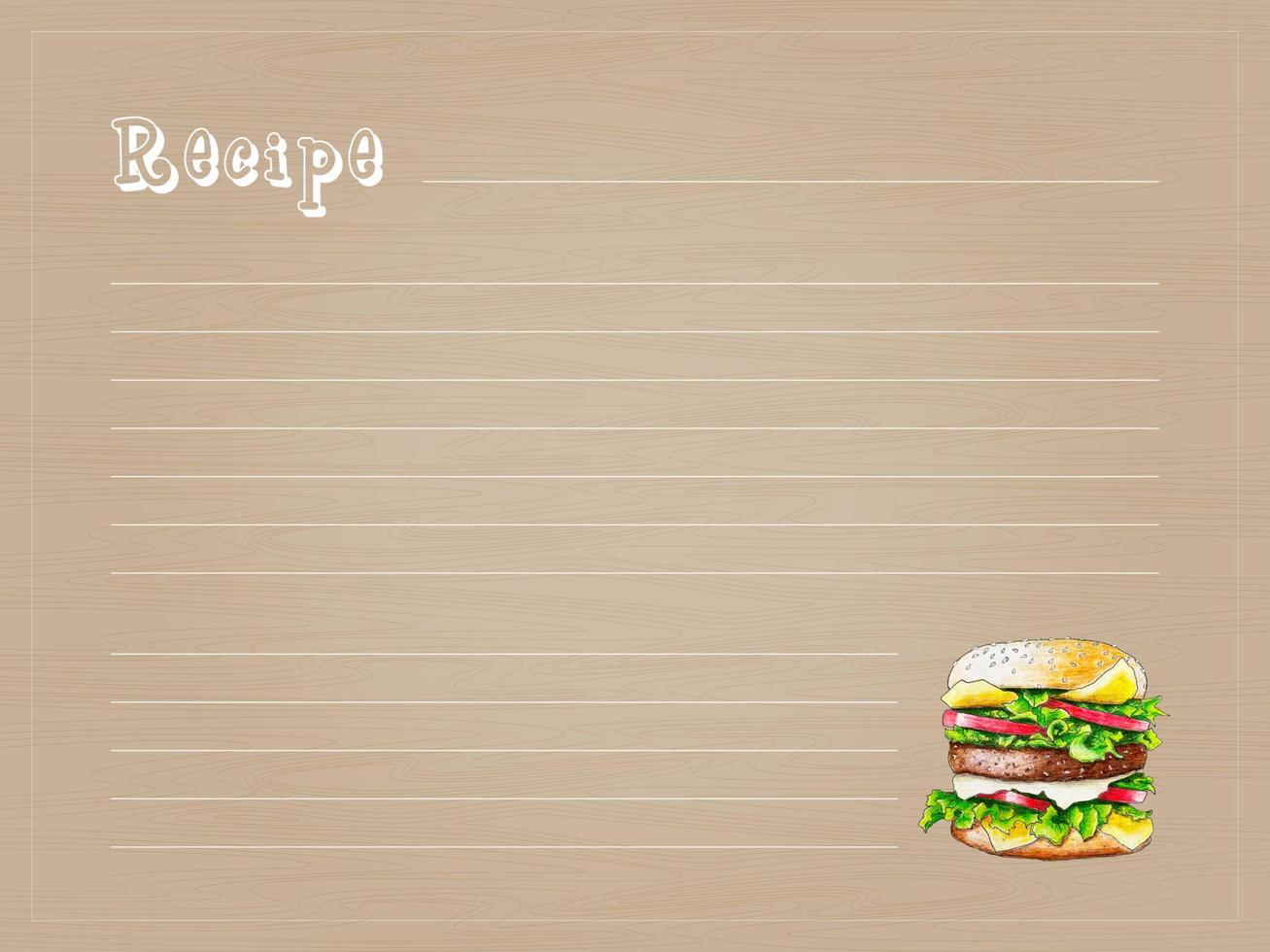 receta papel rayado sobre fondo de mesa de madera. pancarta con lápiz dibujado a mano de hamburguesa. vector