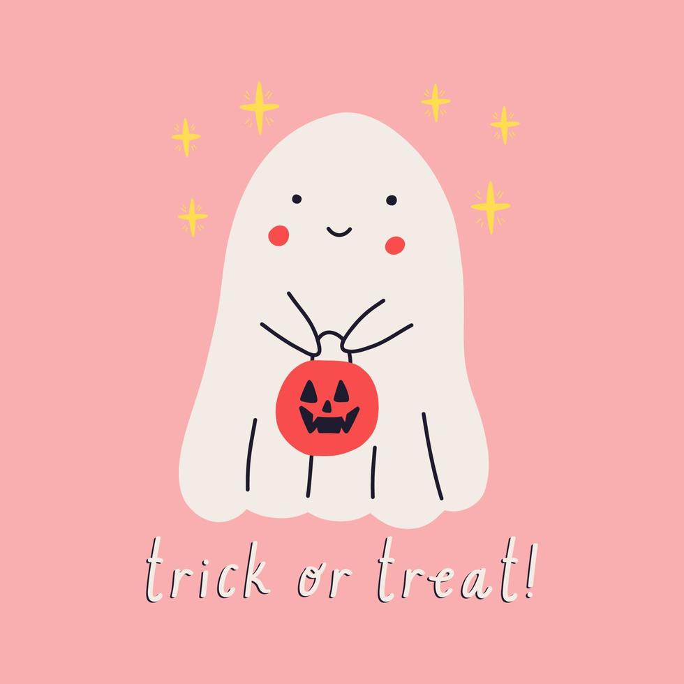 Cute ghost holding basket in shape of pumpkin, cartoon flat vector illustration isolated on pink background. Funny ghost character. Halloween greeting card with concept of trick or treat.