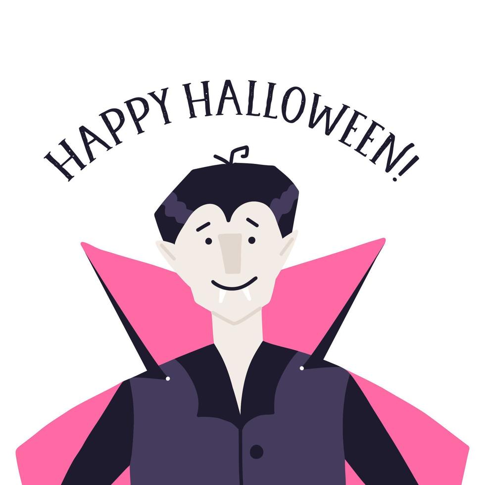 Funny vampire character, Halloween greeting card - cartoon flat vector illustration on white background. Halloween party costume with cloak and fangs. Cute childish character.