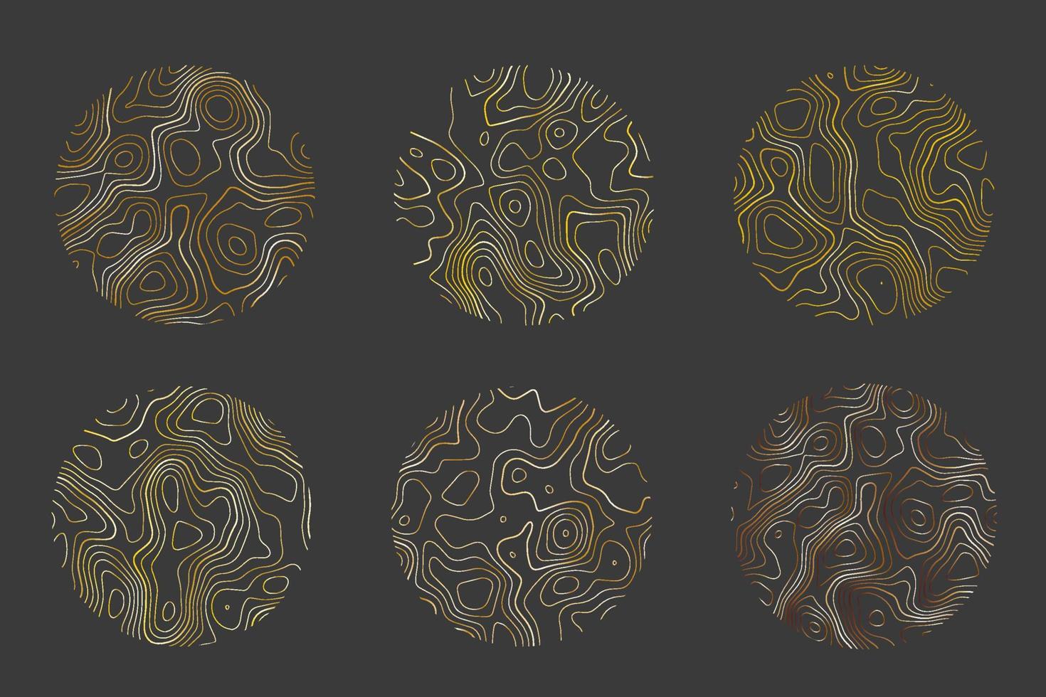 Wood texture with topography lines. Organic ripple wavy patterns. Tree rings set. Vector doodle illustration with metal gradient.