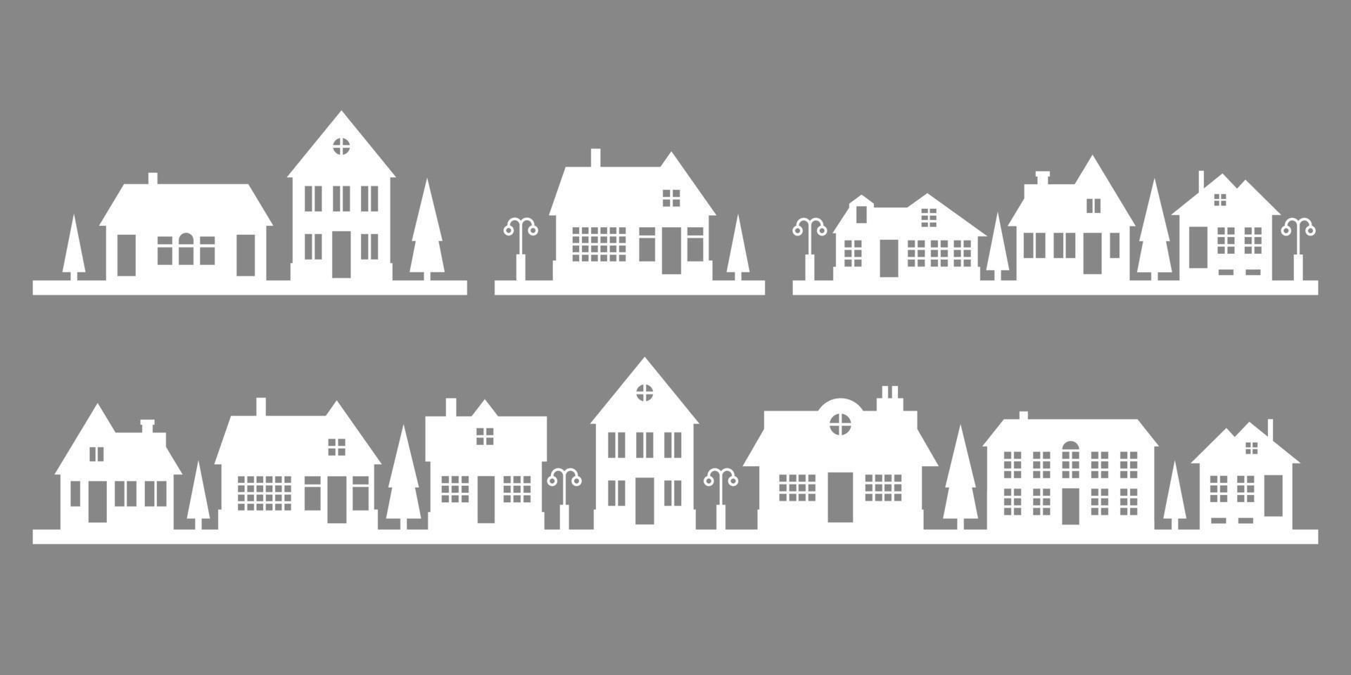 Silhouette of houses on the skyline. Suburban neighborhood landscape. Countryside cottage homes. Glyph vector illustration.