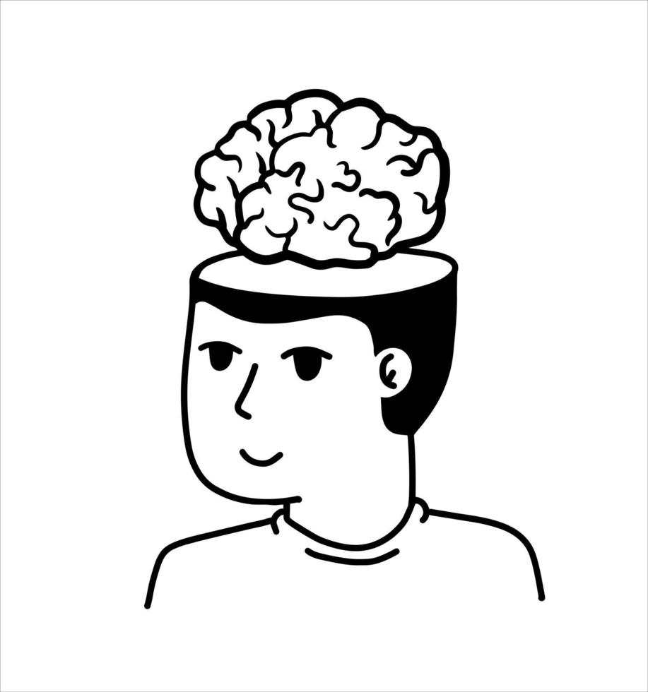 Man with open mind. Concept of knowledge and learning. Brain in empty head. Psychological development. Outline cartoon illustration vector