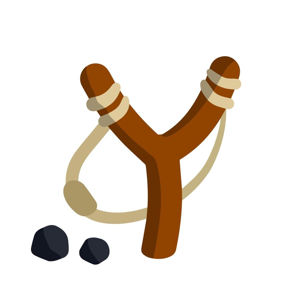 Slingshot. Wooden catapult. Children toy for throwing stones. Shooting and small rock. Flat cartoon illustration isolated on white background vector