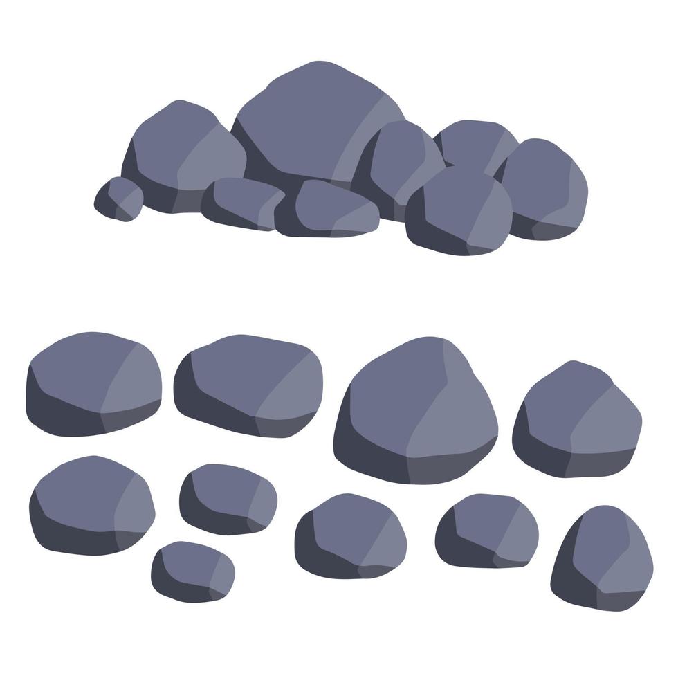 Set of stones. Pile of cobblestones. Gray geological minerals. Heavy wall construction material. Large blocks vector