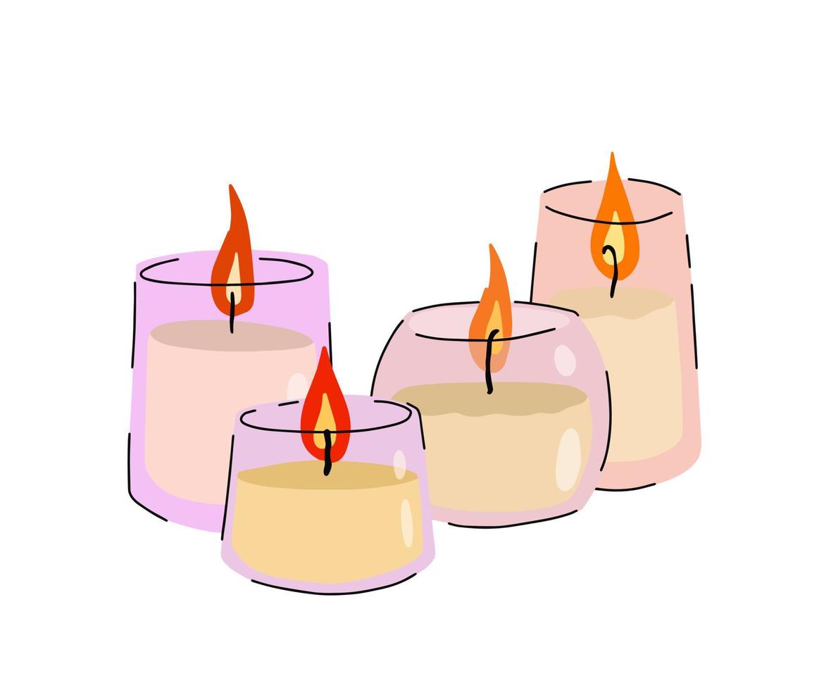 velas perfumadas en tarro de cristal. conjunto de llama romántica y fuego en vidrio decorativo. vector