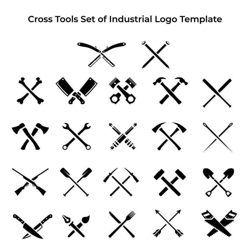 conjunto de ilustraciones vectoriales de elementos cruzados. cuchillo, herramientas, martillo, palo, sierra, afeitadora, etc. eps 10 vector