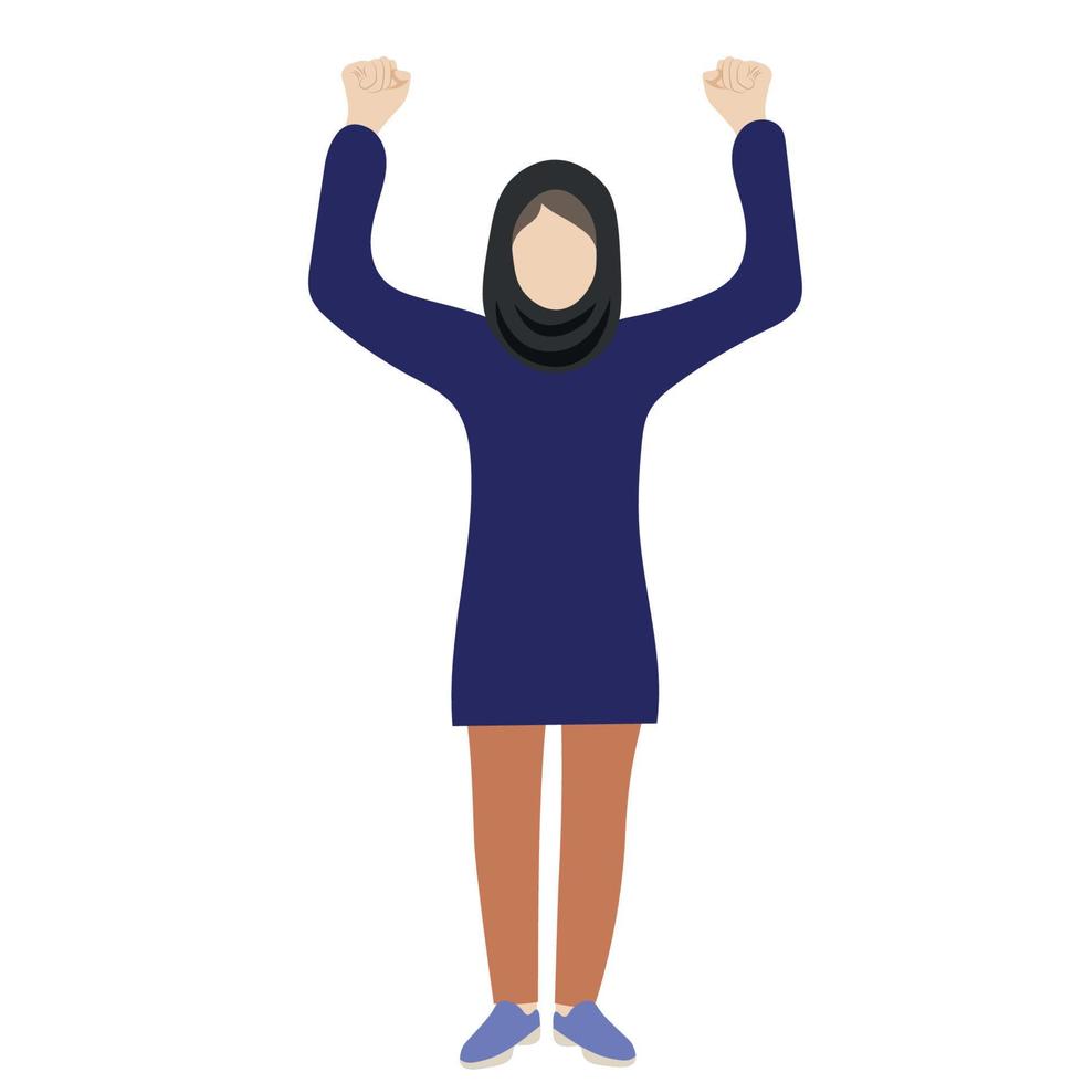 Portrait of a woman in a headscarf with fists raised above her head, flat vector, isolated on white background, faceless illustration, muslim woman, women protests vector