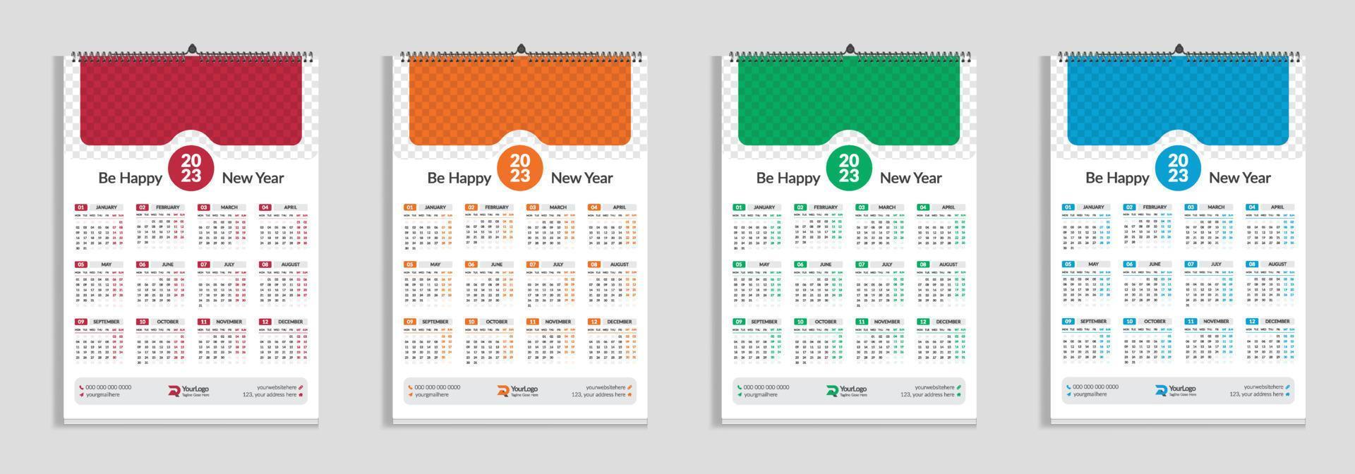 2023 wall calendar design template with red, green, blue and orange vector