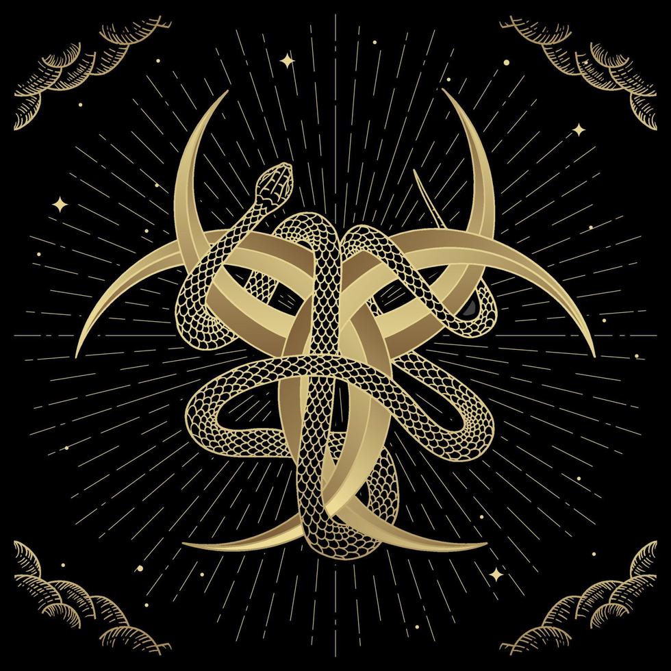 The golden snake entwined the three crescent moons vector