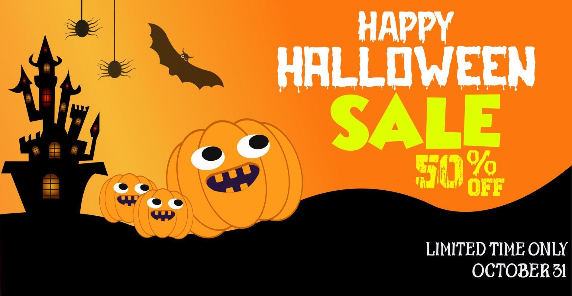 Halloween Sale Promotion Poster template. Halloween Cute pumpkins and castle black bats,spider