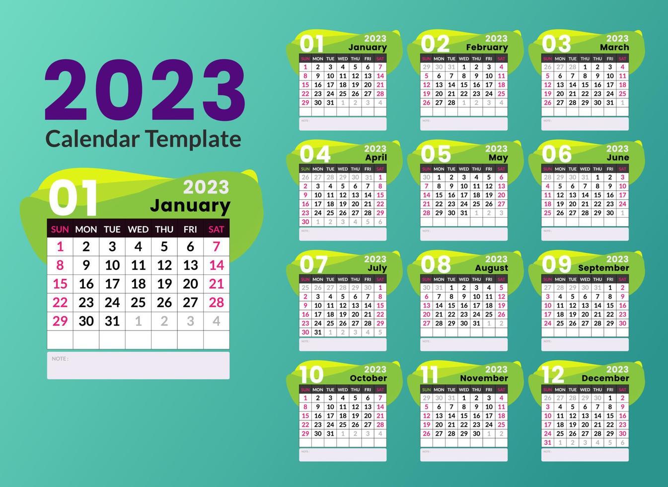 Calendar Template 2023 Greeny vector