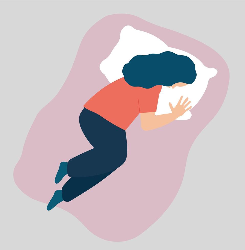 Vector illustration of a woman sleeping on her bed and wearing a pajama. Female person lying in bedroom snoring and having a sleep at night. Vector flat style.